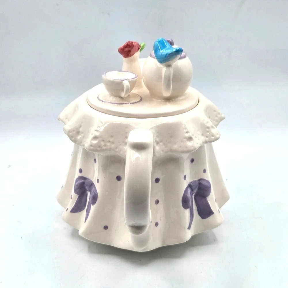 Teleflora Vintage Teapot, Tea Party White, Purple bows & Polkas Dots, Blue Bird